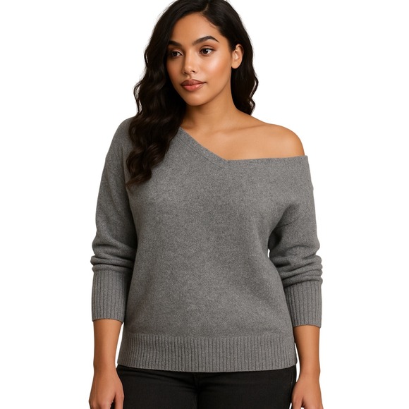 Liny Xin Sweaters - 100% Superfine Merino Wool Womens Sweater in Gray Ribbed Sleeves‎ Soft Small